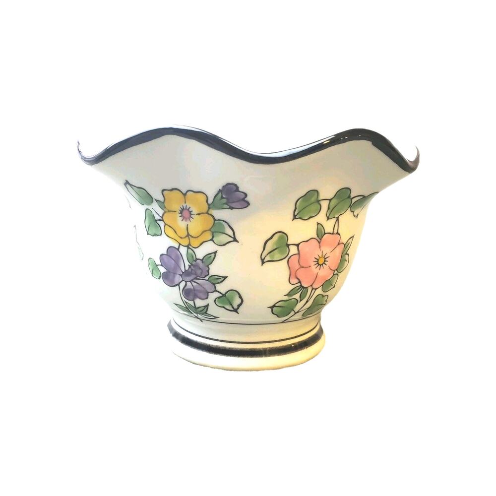 Vintage Scalloped Painted Floral Ceramic Pot Planter Adult's 4.5 White Star Mark